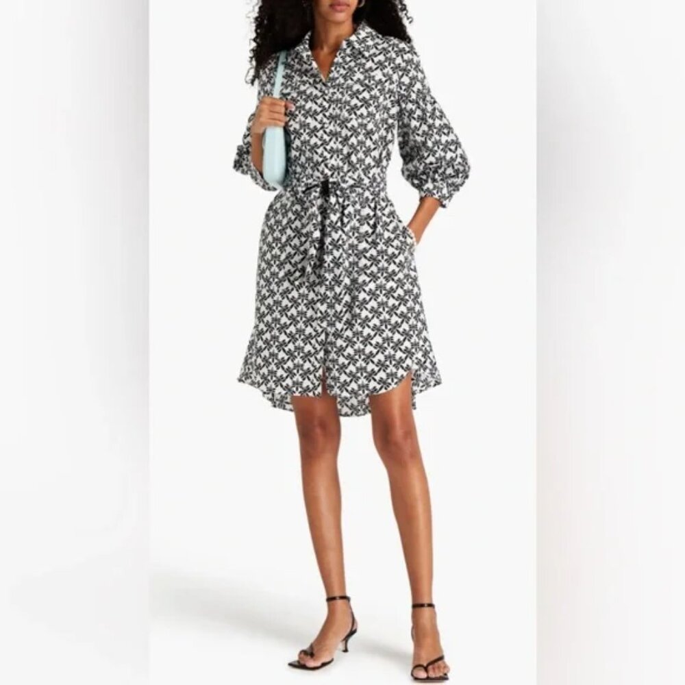 DIANE VON FURSTENBERG Paige Printed Cotton Shirt Dress Sz M Black-White
